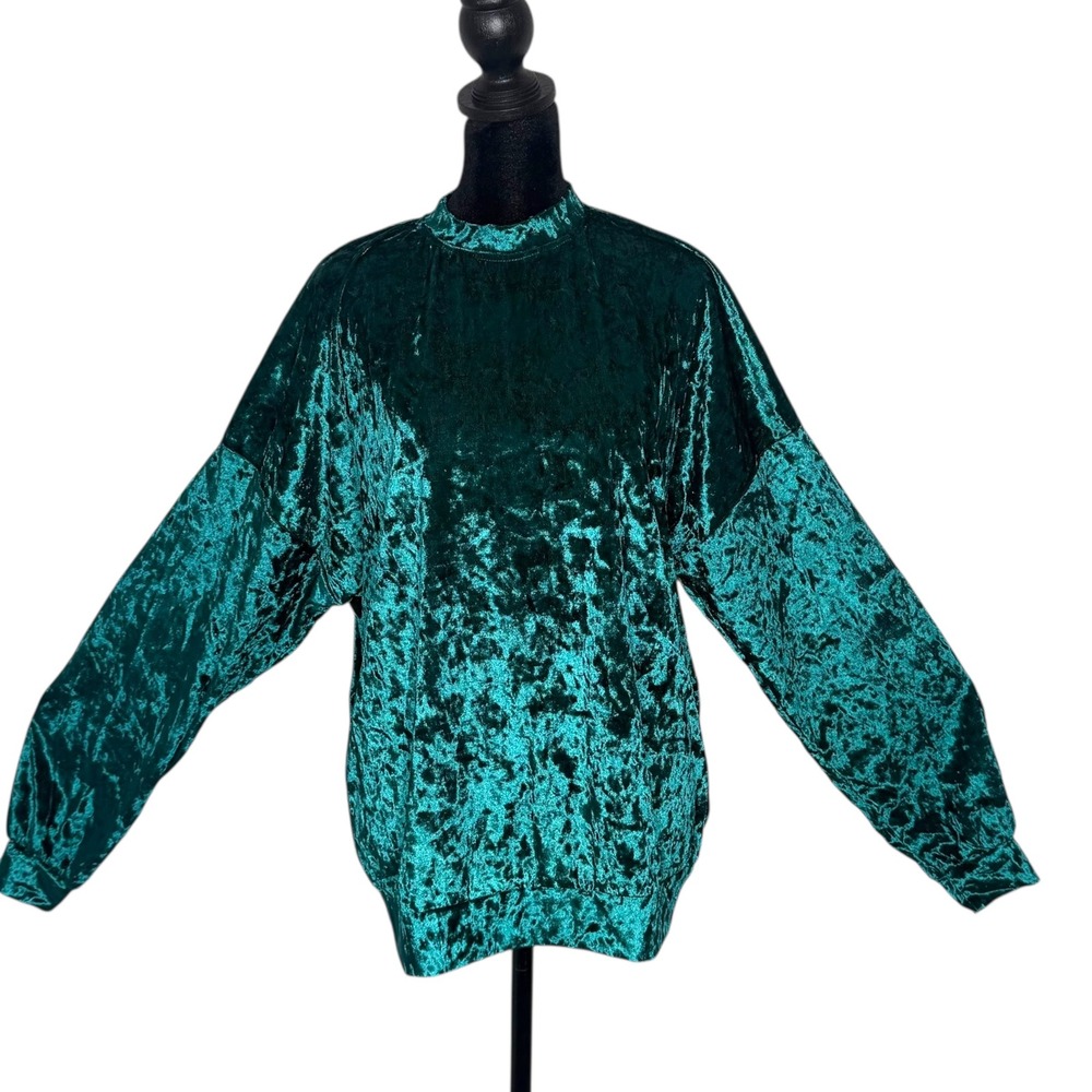 EMMA & SAM Oversized Green Crush‎ Velvet Mock Neck Long Sleeve Top Womens XS NEW